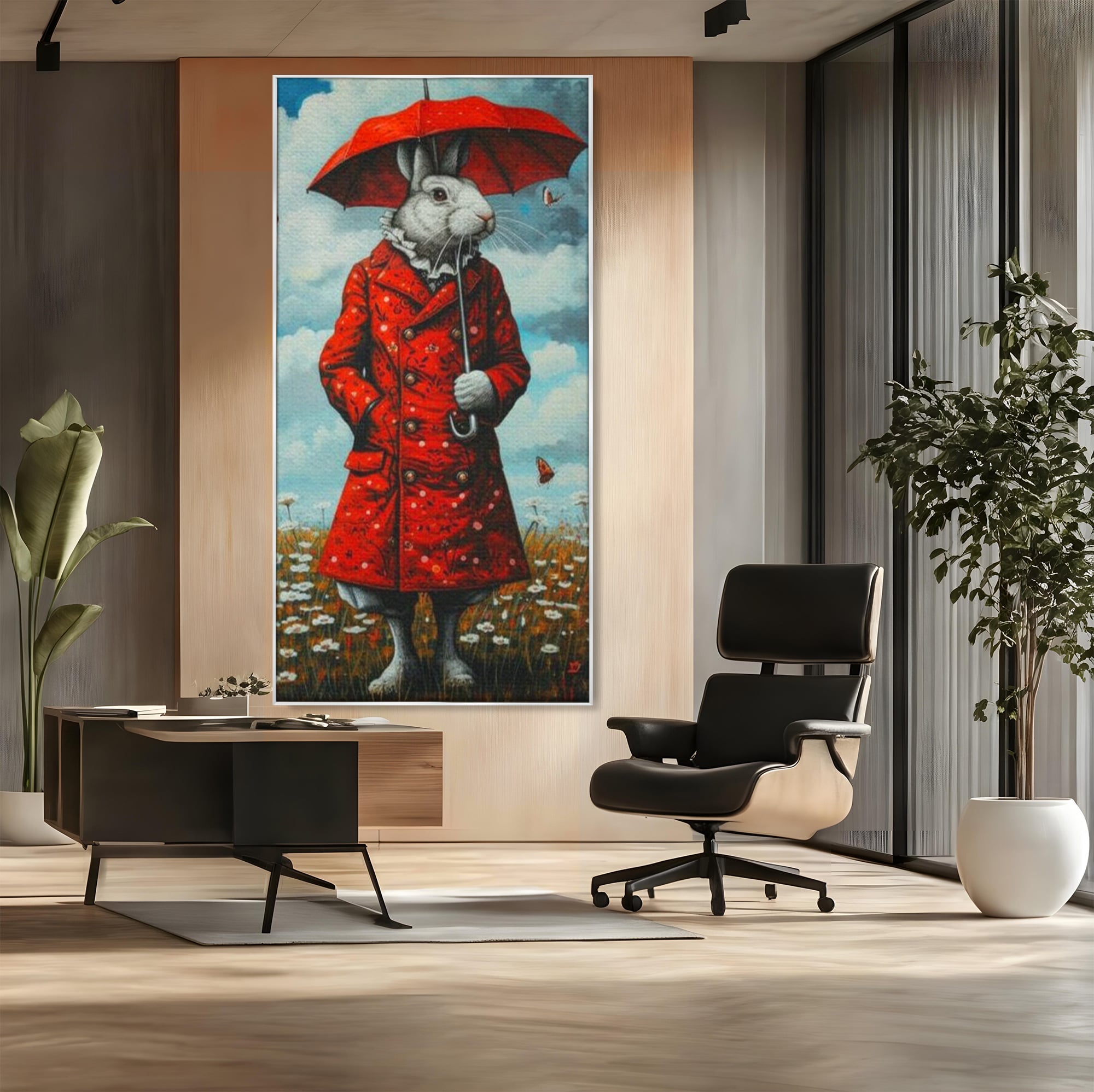 Tablou canvas cu tablou canvas cu iepure antropomorf in haina rosie, in rama de aluminiu argintiu, pe perete intr-un birou